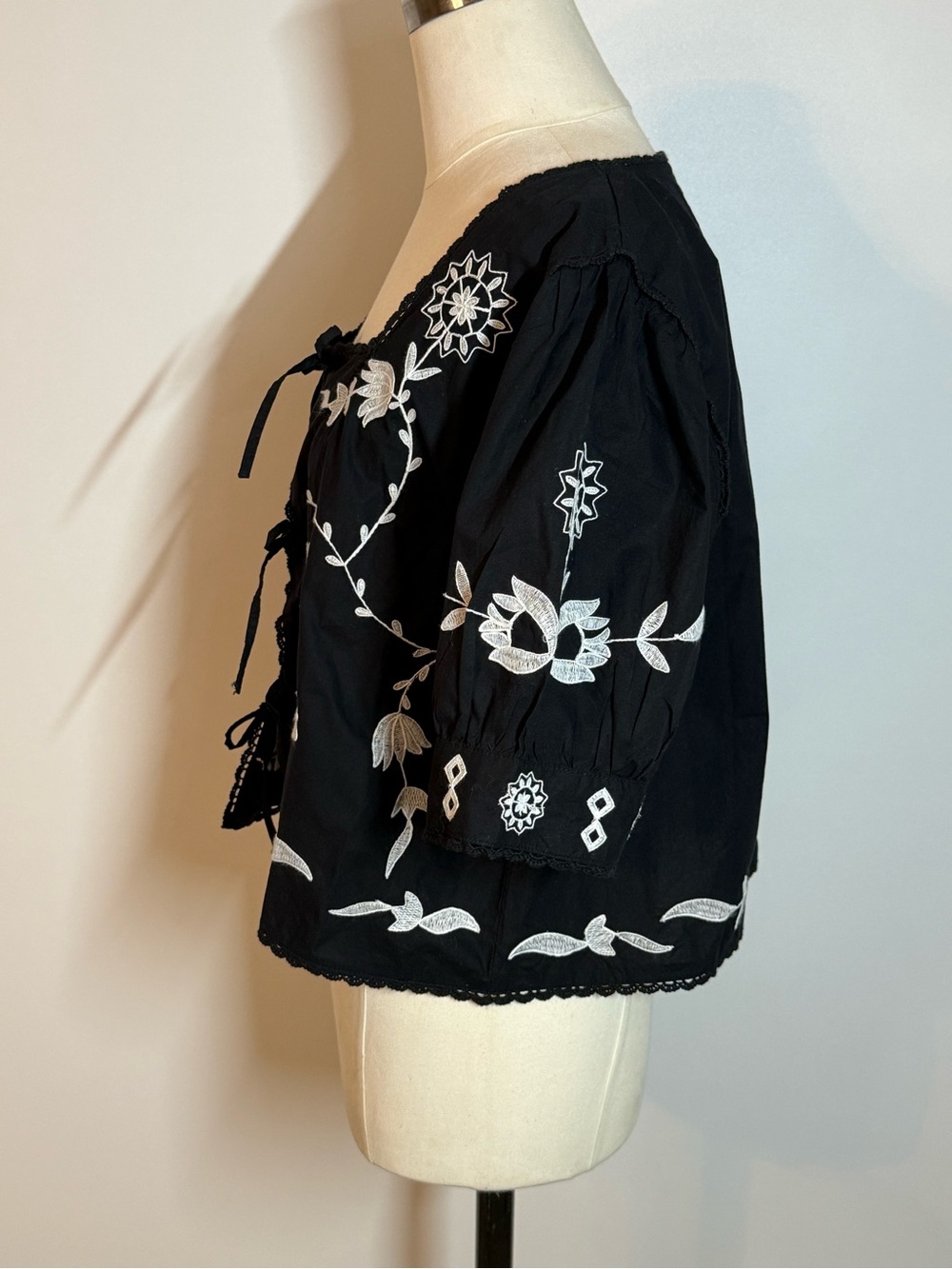 Black Embroidered Tie-Front Peasant Blouse - Picture 4 of 7
